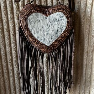 Western Cowhide With Leather Heart Crossbody With Fringe